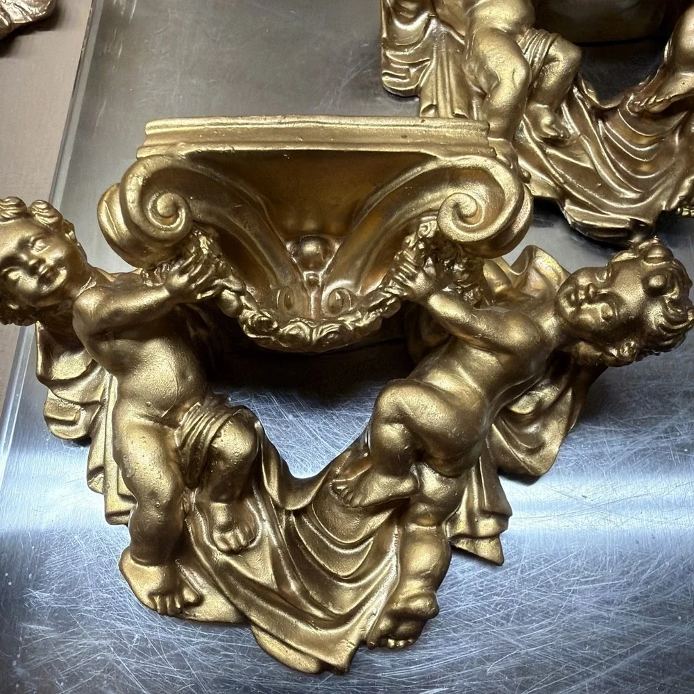 Vtg Gold Cherub Wall Sconces Shelves Pair Hollywood Regency Ornate Plaster